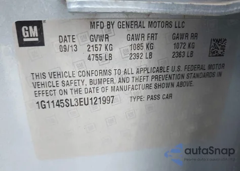 2014 Chevrolet Impala 1Lz из США, поврежденный, VIN 1G1145SL3EU121997